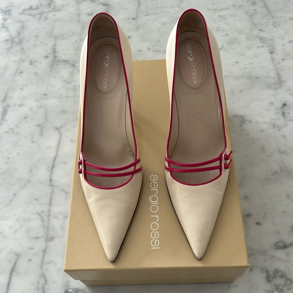 Sergio Rossi Pointed Toe High Heels Cream Hot Pink Size 37.5